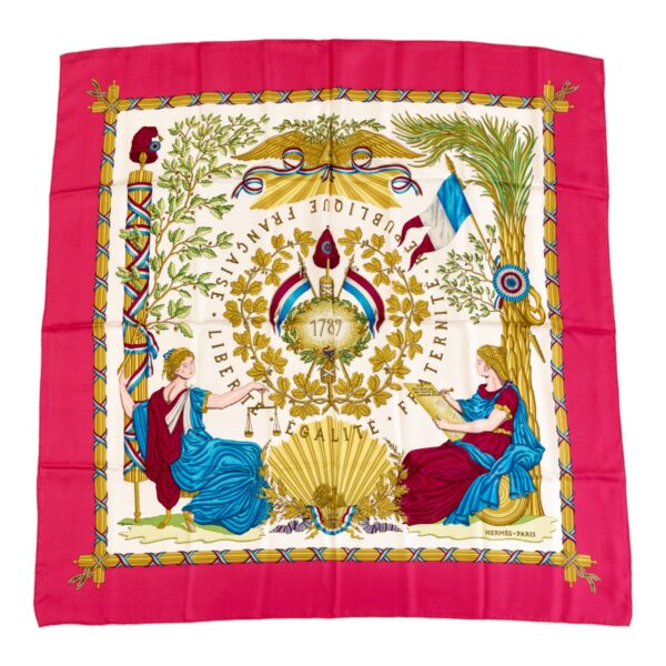 Hermes Silk Scarf Carre 90 "LIBERTE EGALITE FRATERNITE REPUBLIQUE FRANCAISE" Pink Silk Scarf
