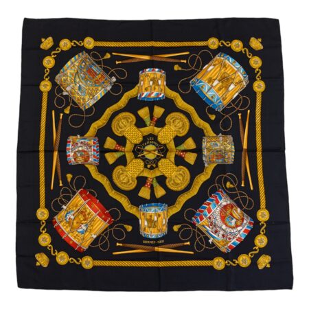 Hermes Silk Scarf Carre 90 "LES TAMBOURS" Black Silk Scarf