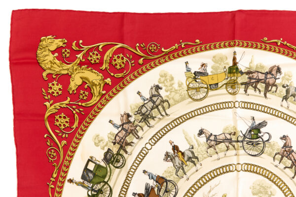 Hermes Silk Scarf Carre 90 "LA PROMENADE DE LONGCHAMPS" Red Silk Scarf - Image 2