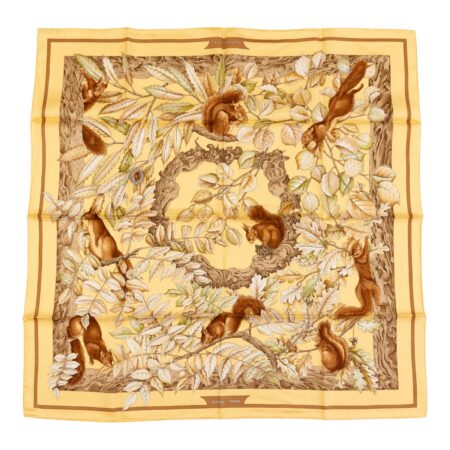 Hermes Silk Scarf Carre 90 "Casse Noisette Squirrel" Yellow Silk Scarf