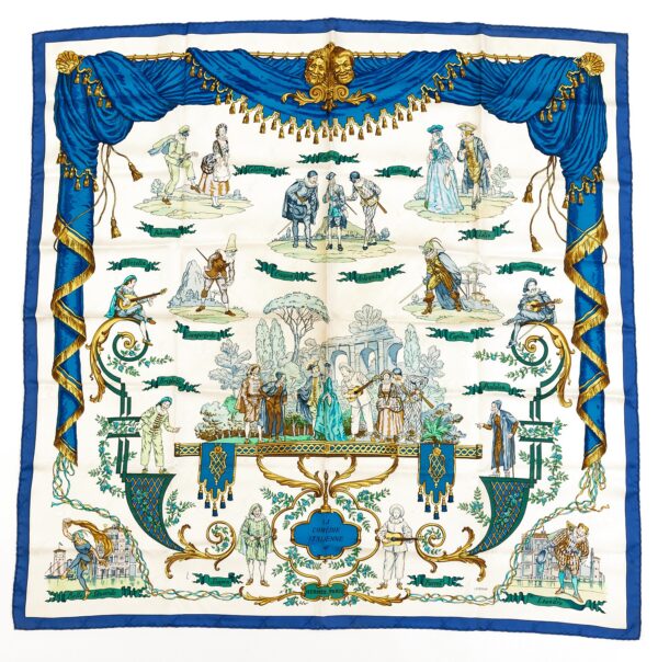 Rare Hermes Silk Scarf Carre 90 "LA COMEDIE ITALIENNE" Blue Silk Scarf