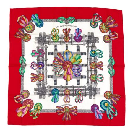 Hermes Silk Scarf Carre 90 "Les Rubans du Cheval" Red Silk Scarf