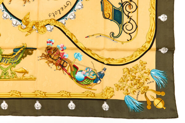 Hermes Silk Scarf Carre 90 "PLUMES ET GRELOTS" Green Silk Scarf - Image 6