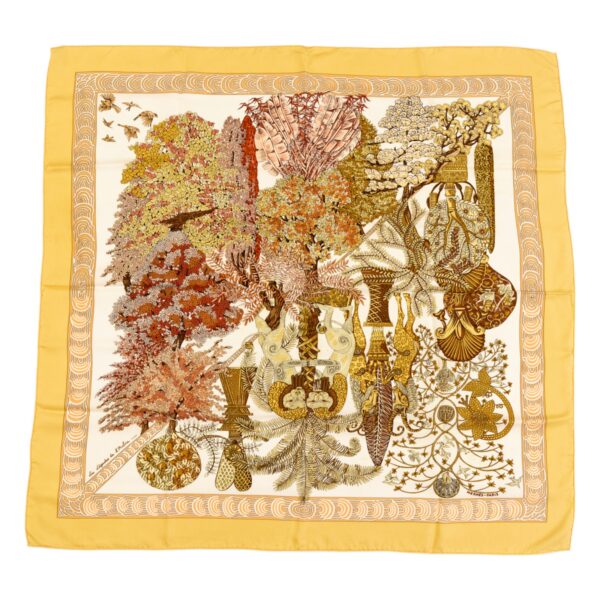 Hermes Silk Scarf Carre 90 "Les Legendes de L'arbre" Yellow Silk Scarf