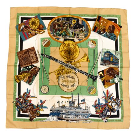 Hermes Silk Scarf Carre 90 "The Original New Orleans Creole Jazz 1923" Beige Silk Scarf