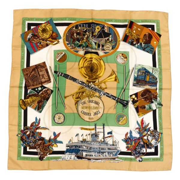 Hermes Silk Scarf Carre 90 "The Original New Orleans Creole Jazz 1923" Beige Silk Scarf