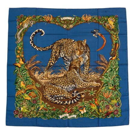 Hermes Silk Scarf Carre 90 "JUNGLE LOVE" Blue Silk Scarf