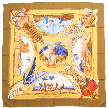 Hermes Scarf 90 "Chasses Exotiques" Brown 100% Silk Scarf 35"