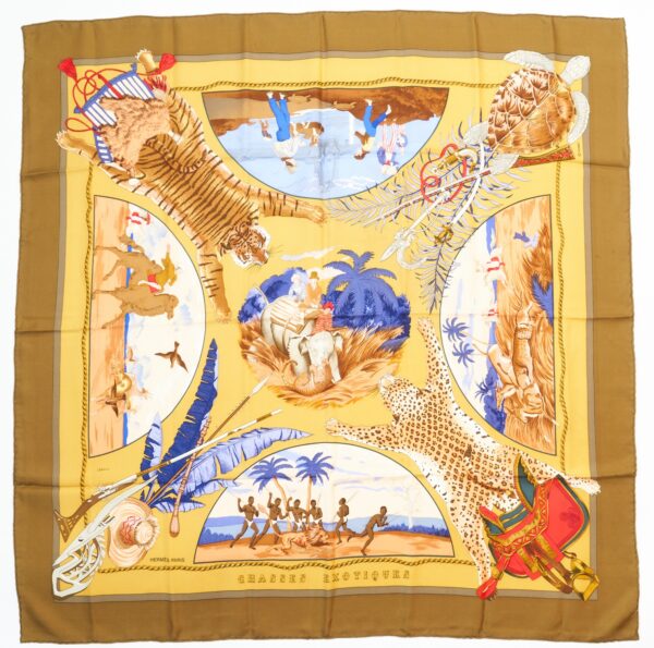 Hermes Scarf 90 "Chasses Exotiques" Brown 100% Silk Scarf 35"