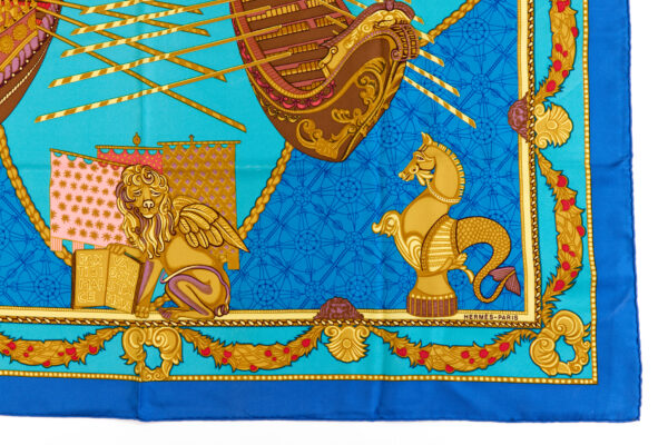Hermes Silk Scarf Carre 90 "Les Bissone de Venise" Blue Silk Scarf B-(Color Faded) - Image 6