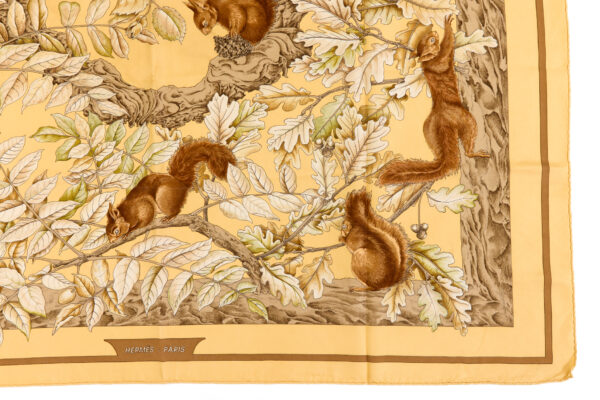 Hermes Silk Scarf Carre 90 "Casse Noisette Squirrel" Yellow Silk Scarf - Image 6