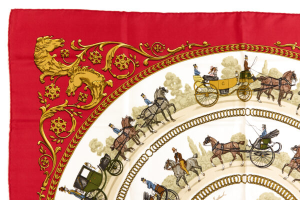 Hermes Silk Scarf Carre 90 "LA PROMENADE DE LONGCHAMPS" Red Silk Scarf - Image 2