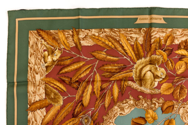 Hermes Silk Scarf Carre 90 "Casse Noisette Squirrel" Green Silk Scarf - Image 2