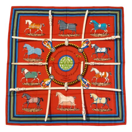 Hermes Silk Scarf Carre 90 "Couvertures et Tenues de Jour" Red Silk Scarf