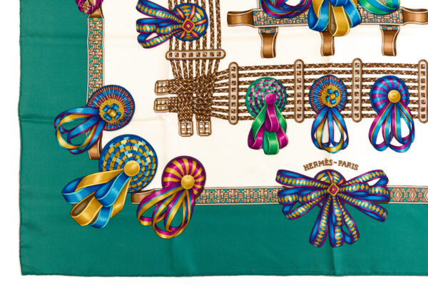 Hermes Silk Scarf Carre 90 "Les Rubans du Cheval" Green Silk Scarf - Image 5