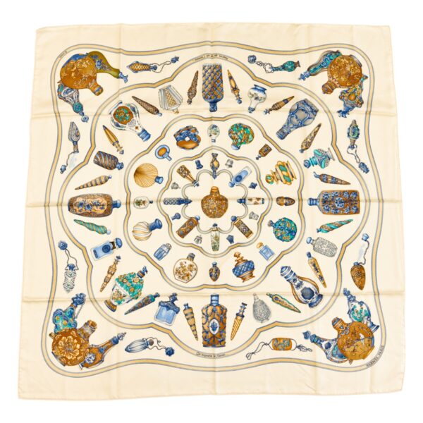 Hermes Silk Scarf Carre 90 "Qu'Importe Le Flacon" White Silk Scarf