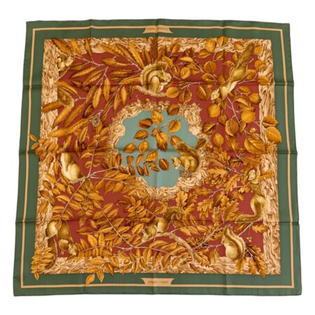 Hermes Silk Scarf Carre 90 "Casse Noisette Squirrel" Green Silk Scarf