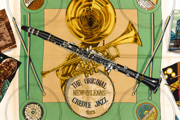 Hermes Silk Scarf Carre 90 "The Original New Orleans Creole Jazz 1923" Beige Silk Scarf - Image 4