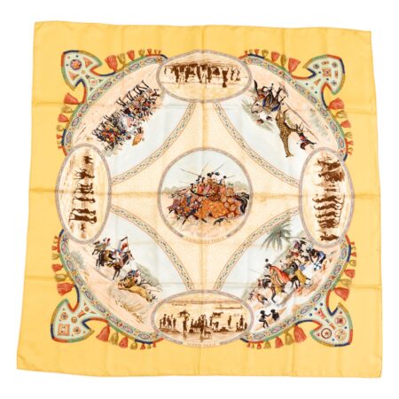 Hermes Silk Scarf Carre 90 "CAVALIERS PEULS" Yellow Silk Scarf