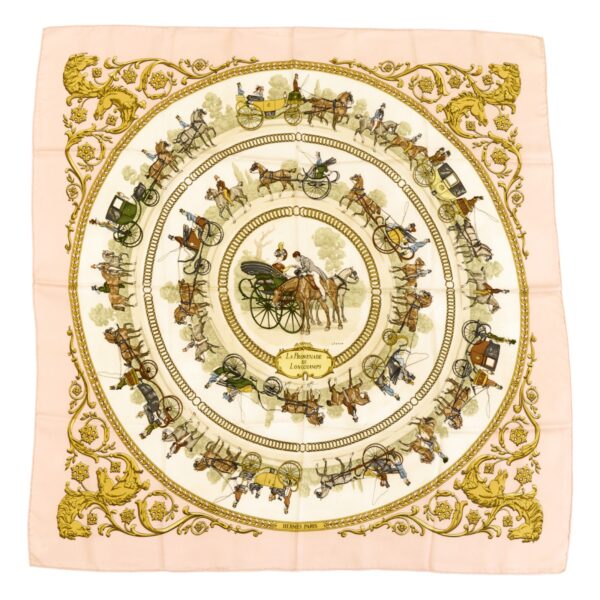 Hermes Silk Scarf Carre 90 "LA PROMENADE DE LONGCHAMPS" Pink Silk Scarf