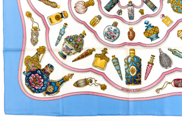 Hermes Silk Scarf Carre 90 "Qu'Importe Le Flacon" Blue Silk Scarf - Image 5