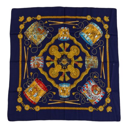 Hermes Silk Scarf Carre 90 "LES TAMBOURS" Blue Silk Scarf