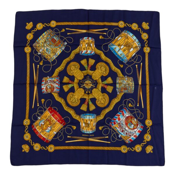 Hermes Silk Scarf Carre 90 "LES TAMBOURS" Blue Silk Scarf