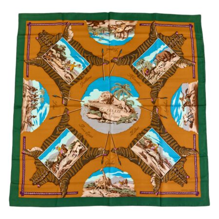 Hermes Silk Scarf Carre 90 "La Chasse en Afrique" Green Silk Scarf