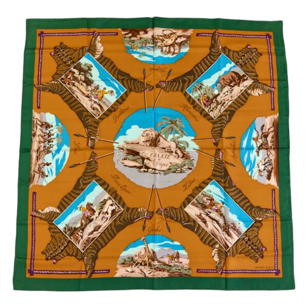 Hermes Silk Scarf Carre 90 "La Chasse en Afrique" Green Silk Scarf