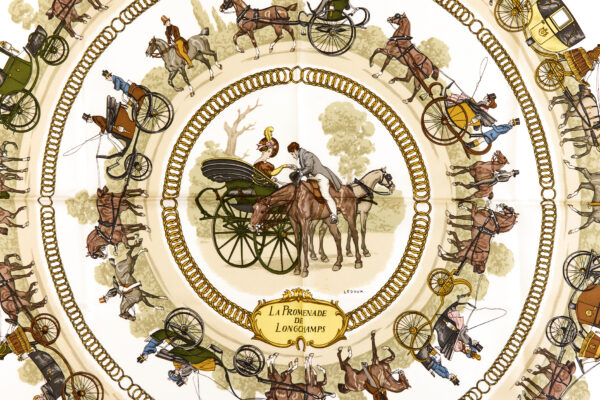 Hermes Silk Scarf Carre 90 "LA PROMENADE DE LONGCHAMPS" Red Silk Scarf - Image 4