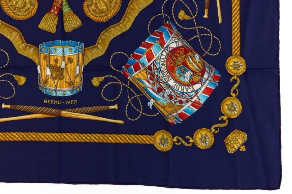 Hermes Silk Scarf Carre 90 "LES TAMBOURS" Blue Silk Scarf - Image 6