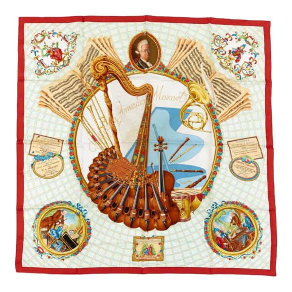 Hermes Silk Scarf Carre 90 "Wolfgang Amadeus Mozart" Red Silk Scarf