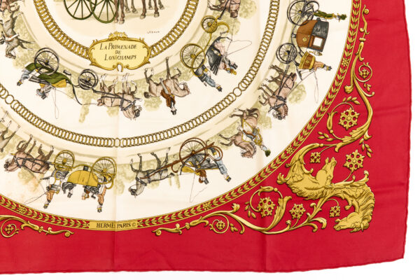 Hermes Silk Scarf Carre 90 "LA PROMENADE DE LONGCHAMPS" Red Silk Scarf - Image 6