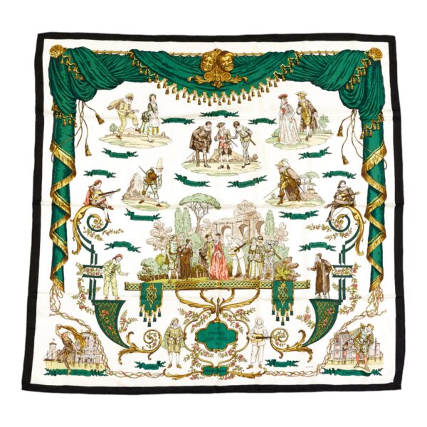 Hermes Silk Scarf Carre 90 "LA COMEDIE ITALIENNE" Green Silk Scarf