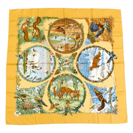 Hermes Silk Scarf Carre 90 "Les Quatre Saisons" Yellow Silk Scarf
