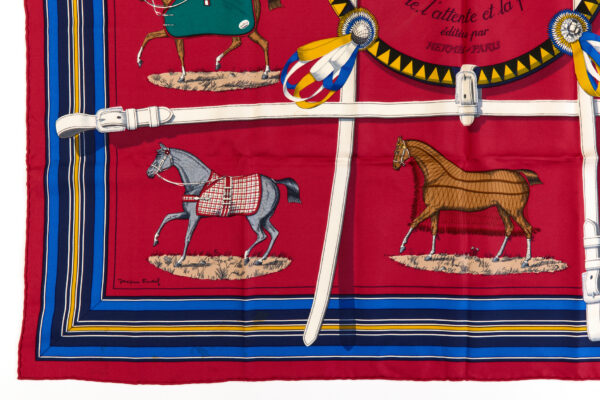 Hermes Silk Scarf Carre 90 "Couvertures et Tenues de Jour" Red Silk Scarf - Image 5