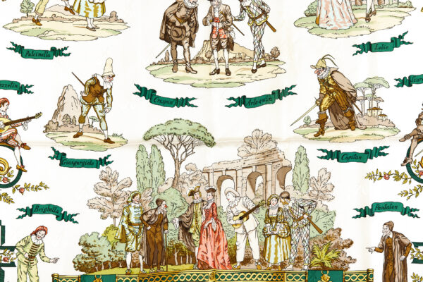 Hermes Silk Scarf Carre 90 "LA COMEDIE ITALIENNE" Green Silk Scarf - Image 4