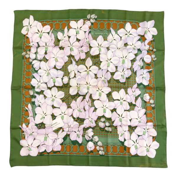 Bad! Hermes Silk Scarf Carre 90 "Souvenirs d'Asie" Green Silk Scarf (B-C)