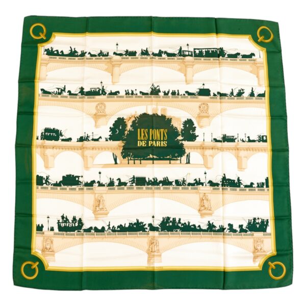 Hermes Silk Scarf Carre 90 "Les Ponts de Paris" Green Silk Scarf