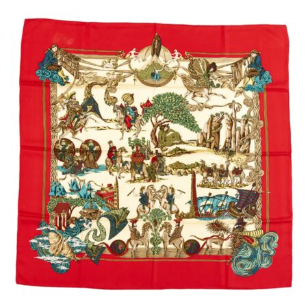 Hermes Silk Scarf Carre 90 "Au FIL de la SOIE" Red Silk Scarf