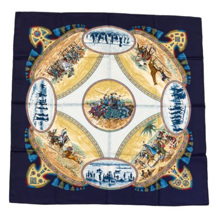 Hermes Silk Scarf Carre 90 "CAVALIERS PEULS" Blue Silk Scarf
