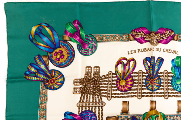 Hermes Silk Scarf Carre 90 "Les Rubans du Cheval" Green Silk Scarf - Image 2