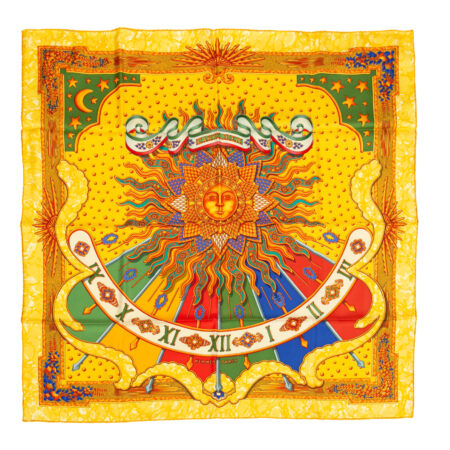 Hermes Scarf 90 "CARPE DIEM" Yellow, Multi Color 100% Silk Scarf 35"