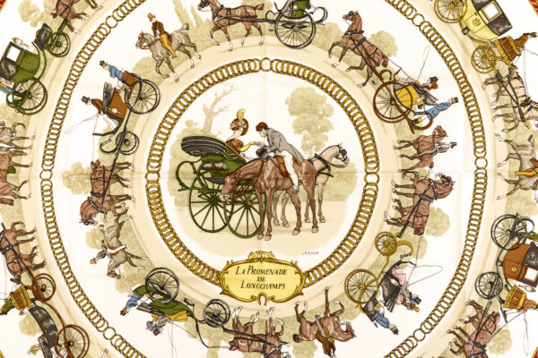 Hermes Silk Scarf Carre 90 "LA PROMENADE DE LONGCHAMPS" Red Silk Scarf - Image 4