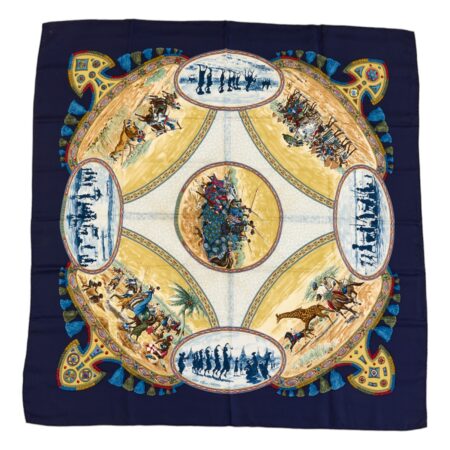 Hermes Silk Scarf Carre 90 "CAVALIERS PEULS" Blue Silk Scarf