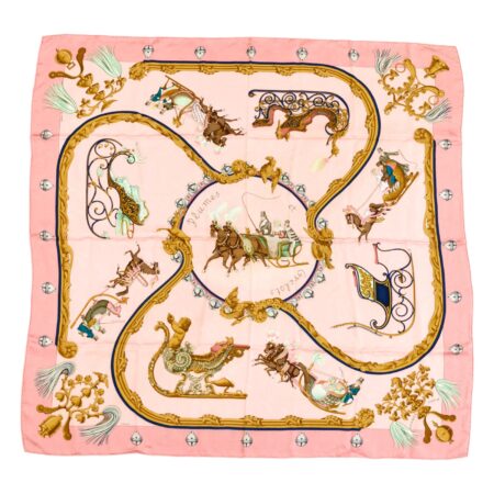 Hermes Silk Scarf Carre 90 "PLUMES ET GRELOTS" Pink Silk Scarf