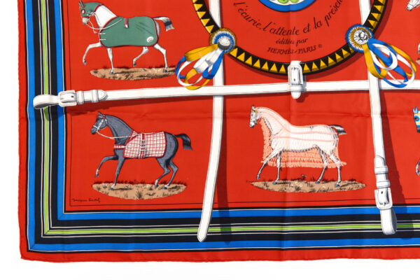 Hermes Silk Scarf Carre 90 "Couvertures et Tenues de Jour" Red Silk Scarf - Image 5