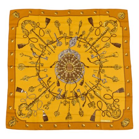 Hermes Silk Scarf Carre 90 "LES CLES" Yellow Silk Scarf