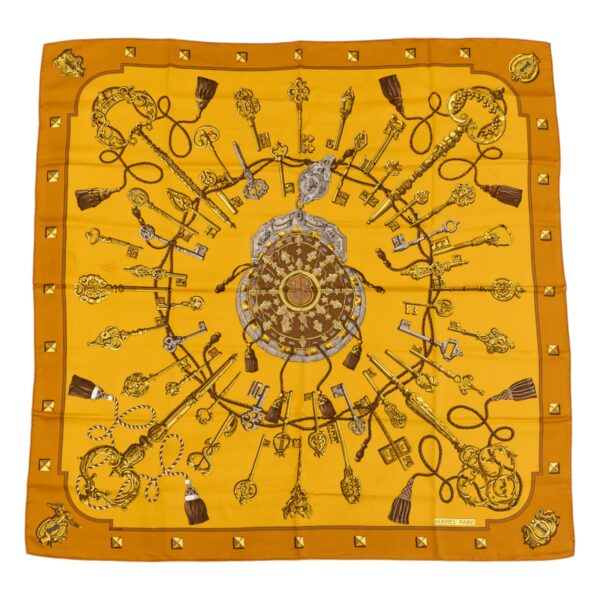 Hermes Silk Scarf Carre 90 "LES CLES" Yellow Silk Scarf