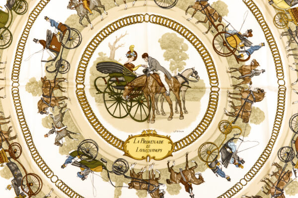 Hermes Silk Scarf Carre 90 "LA PROMENADE DE LONGCHAMPS" Pink Silk Scarf with Box - Image 5